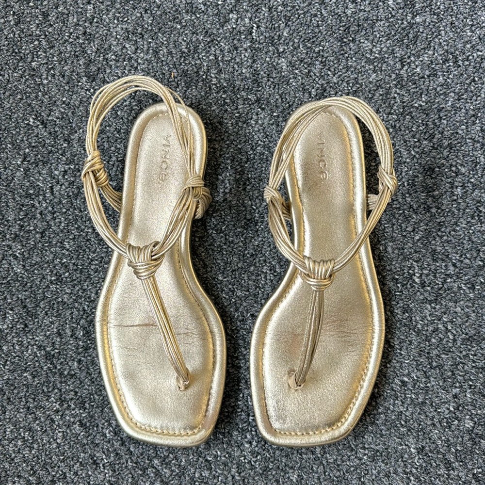 Vince Deja Metallic Gold Leather Knot Thong Sandals - 7.5